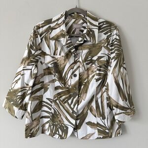 Chicos Palm Leaf Jacket Olive Green White Cotton Stretch Size 2 Large